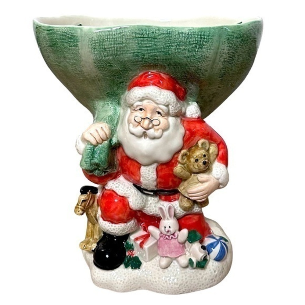 Vtg Fitz And Floyd 9.5" Ceramic Santa With Sack & Toys Footed Compote Bowl